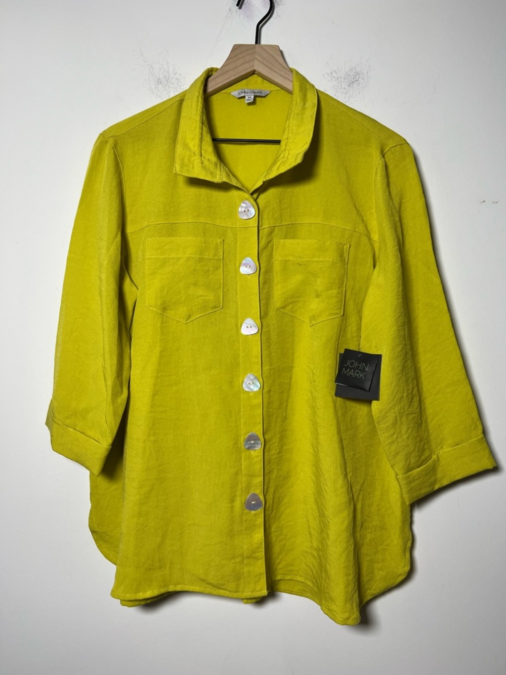 John Mark Chartreuse Mother Pearl Button Front Relaxed Fit Shirt Lagenlook NEW